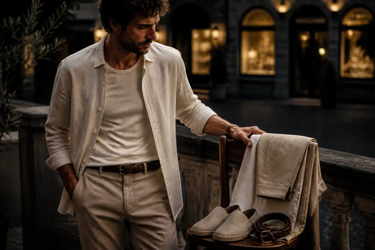 Tenue été homme en lin ivoire et chino sable, espadrilles.