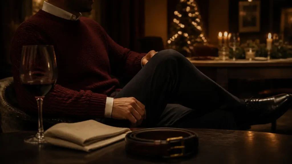 Tenue homme Noel chic : chemise ivoire, pull bordeaux, derbies vernis