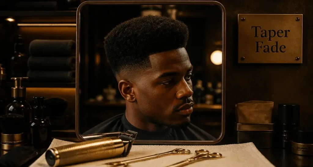 Coiffure afro homme : taper fade propre en salon de barbier
