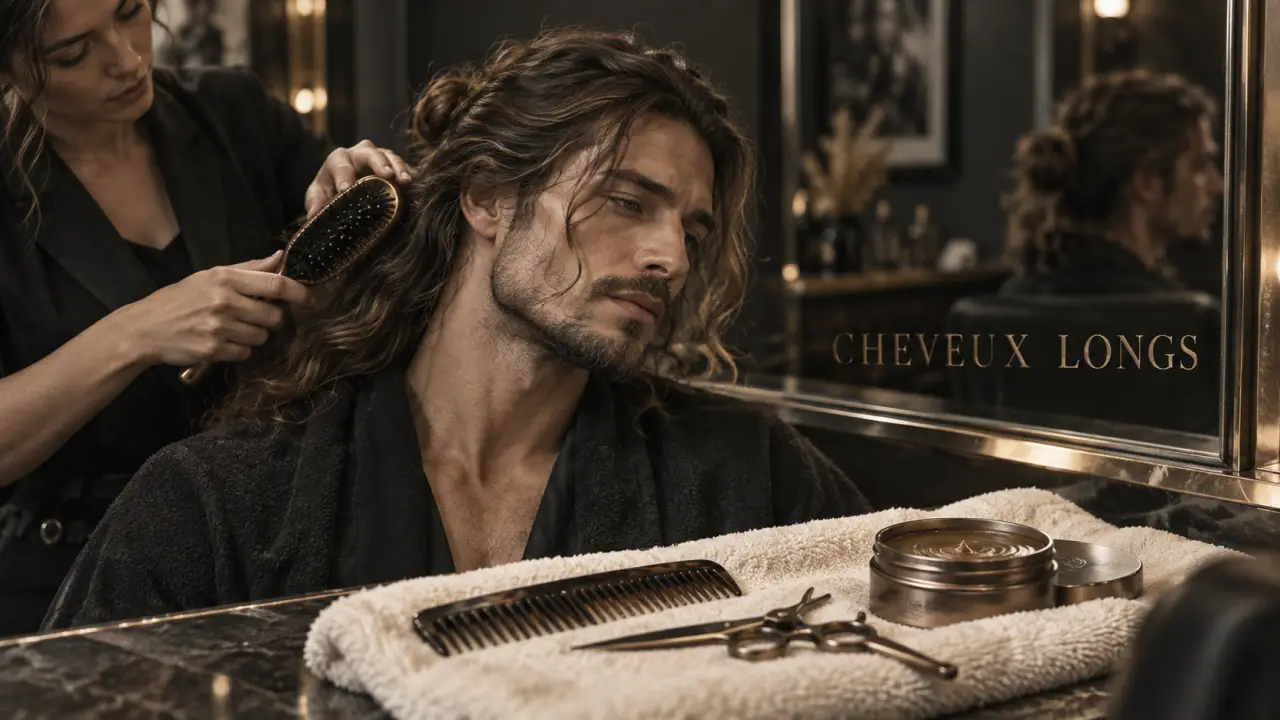 Coiffure homme long cheveux : coiffeur brosse des cheveux longs wavy, plan rapproché