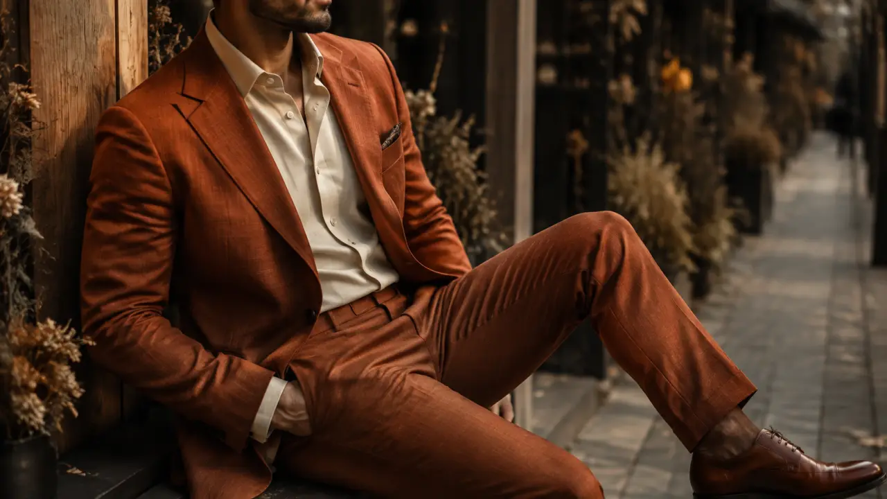 Costume homme terracotta : tissu texturé en gros plan, revers et boutons