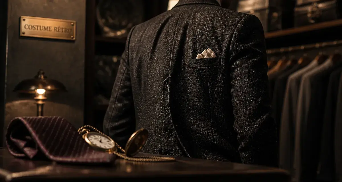 Costume retro homme trois-pièces tweed chiné, cravate bordeaux et gilet croisé
