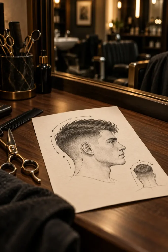 Dessins coiffure homme : fiche coupe homme en salon de coiffure