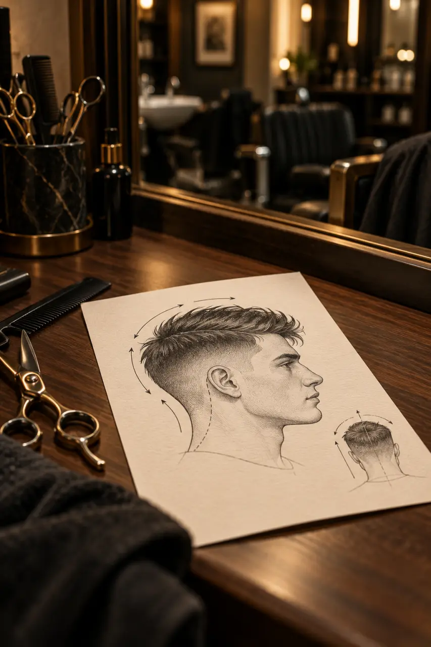 Dessins coiffure homme : fiche coupe homme en salon de coiffure