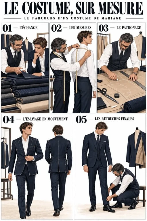 Costume mariage homme Samson sur mesure : étapes de la prise de mesure à l’essayage final