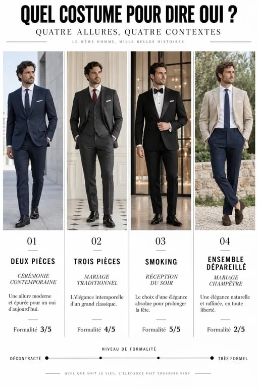 Costume mariage homme Samson sur mesure : comparaison des modèles deux pièces, trois pièces, smoking et dépareillé