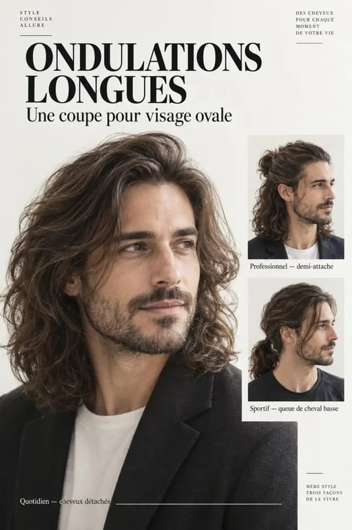Exemples de coiffure homme long cheveux ondulés, détachés, en demi-attache et en queue de cheval