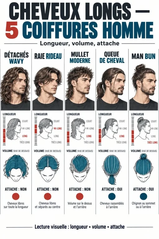 Infographie des styles de coiffure homme long cheveux : wavy, curtain hair, mullet, queue de cheval et man bun