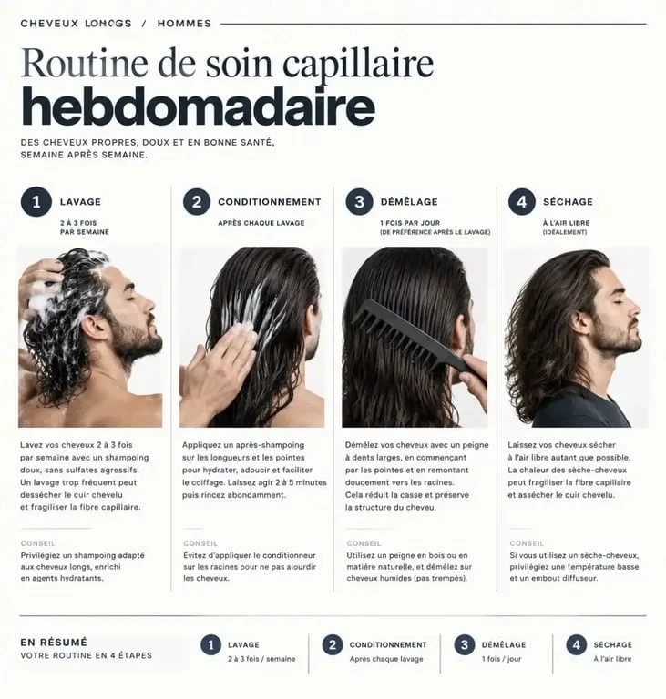 Routine d'entretien hebdomadaire pour coiffure homme cheveux longs