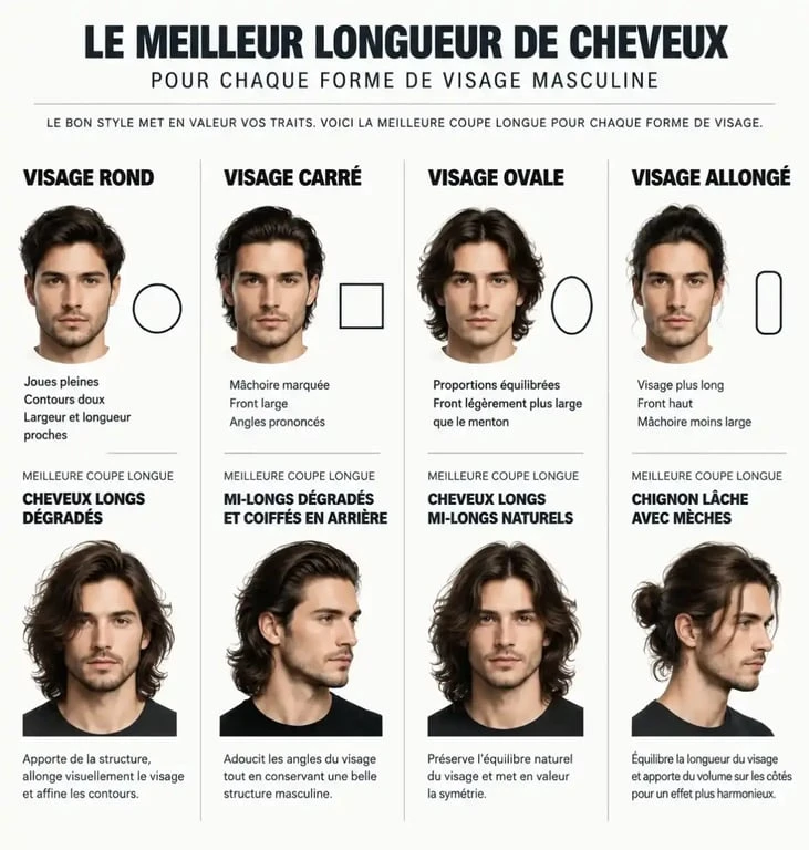 Infographie des meilleures coiffures homme cheveux longs selon la forme du visage