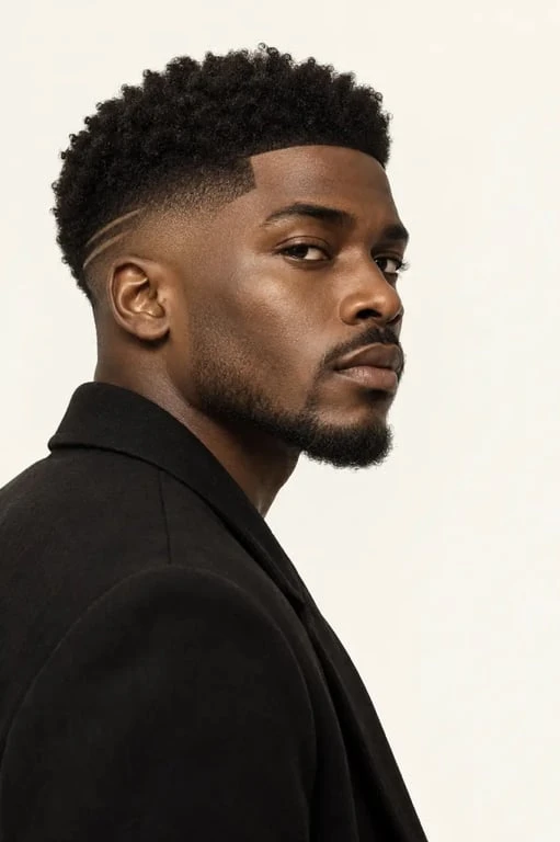 Coiffure africaine homme avec coupe afro, dégradé et hair design