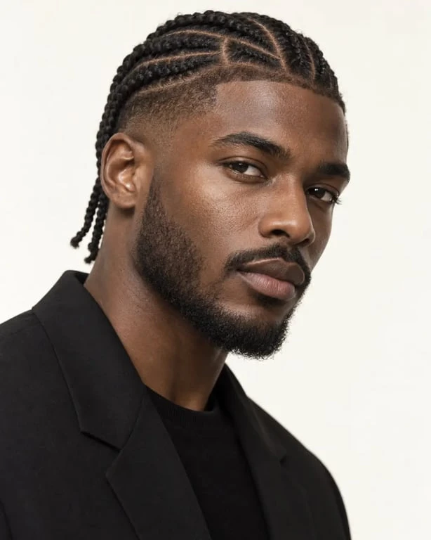 Coiffure africaine homme avec tresses graphiques et dégradé