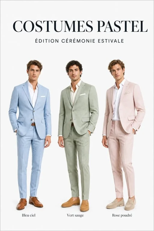 Lookbook costume pastel homme avec tenues complètes et accessoires