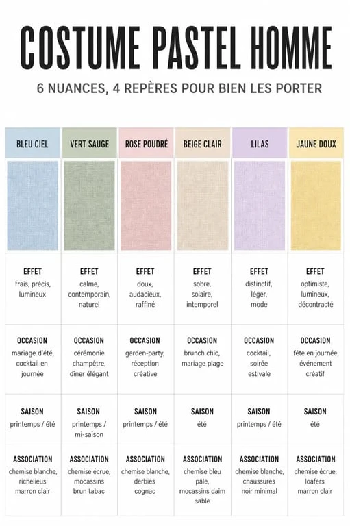 Infographie costume pastel homme avec teintes, occasions et associations
