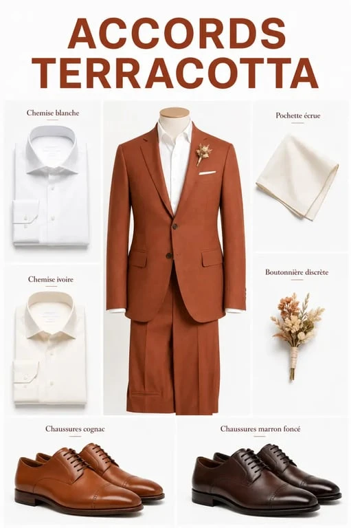 Accessoires et chemises pour accompagner un costume homme terracotta