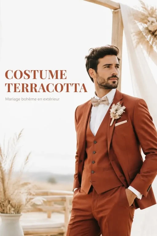 Costume homme terracotta porté lors d’un mariage bohème en extérieur