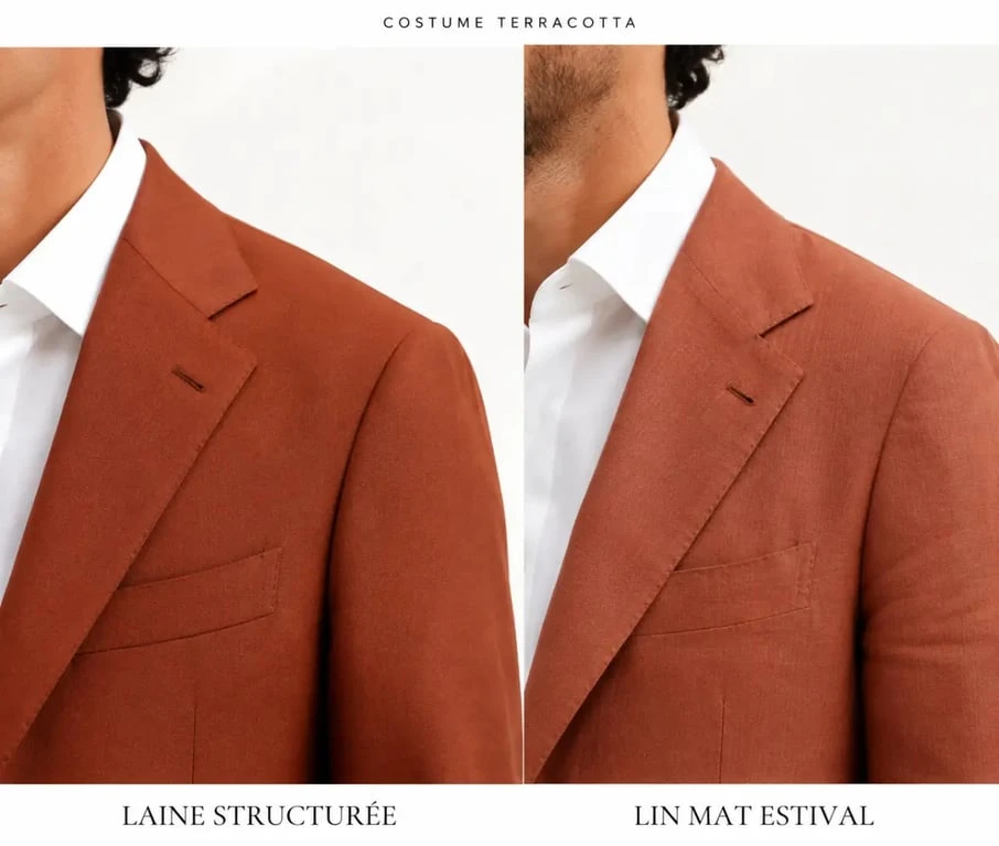 Costume homme terracotta en laine et en lin pour comparer les matières