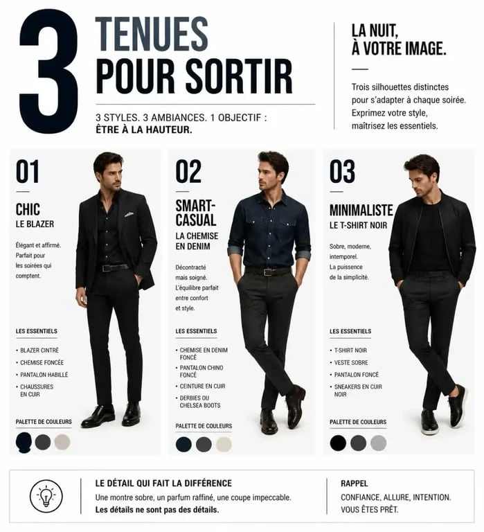 Exemples de tenues pour sortir en boite homme : chic, décontracté et minimaliste