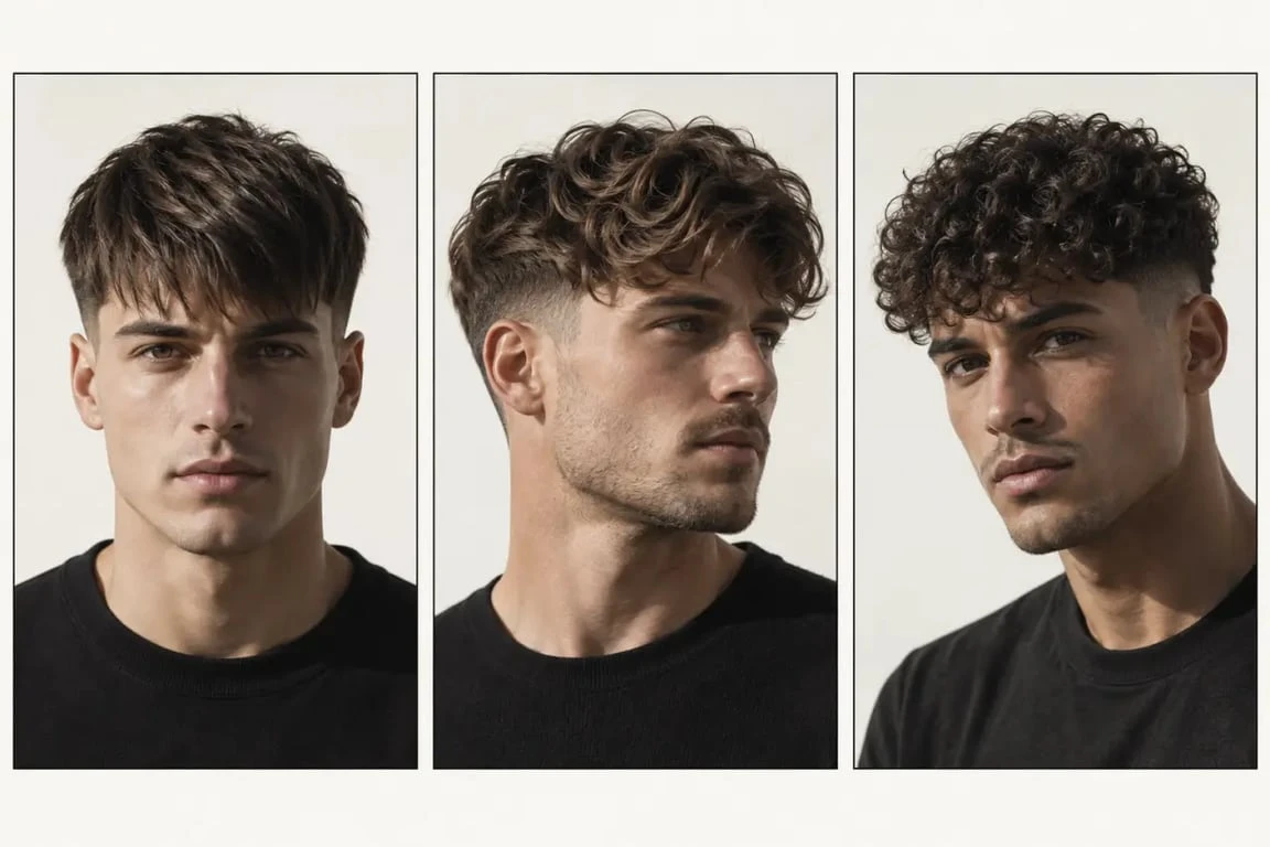 Photo coiffure homme comparant le rendu sur cheveux raides, ondulés et bouclés