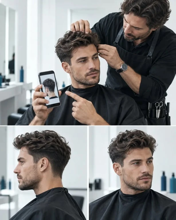 Photo coiffure homme montrée au coiffeur avec vues de face et de profil