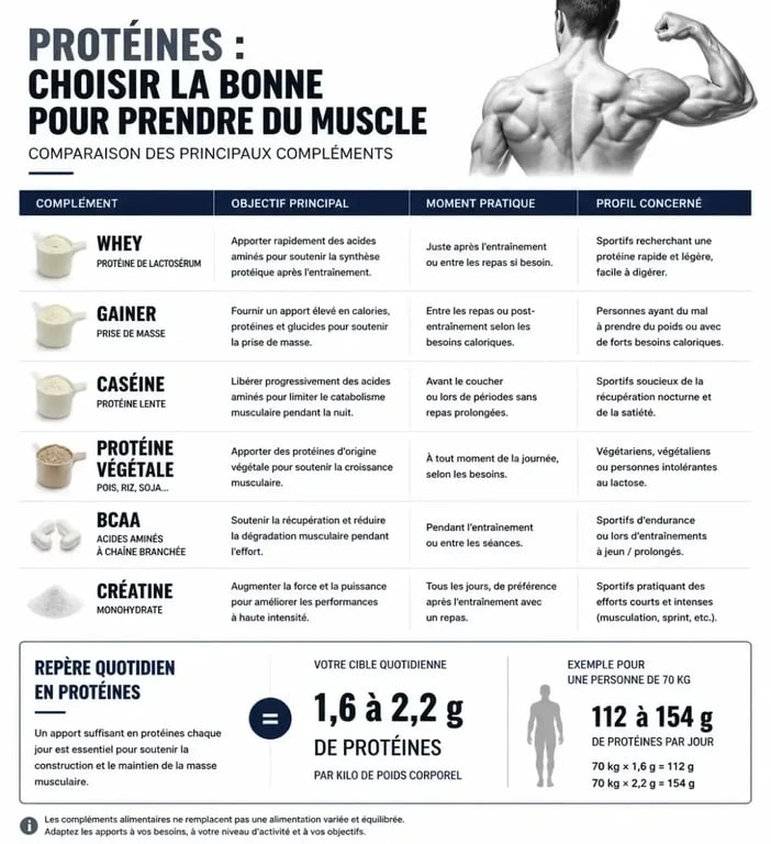 Infographie sur la protéine pour prendre du muscle rapidement et les différences entre whey, gainer, caséine et protéines végétales