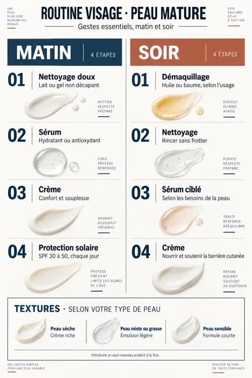 Routine de soin visage peau mature matin et soir selon les besoins de la peau