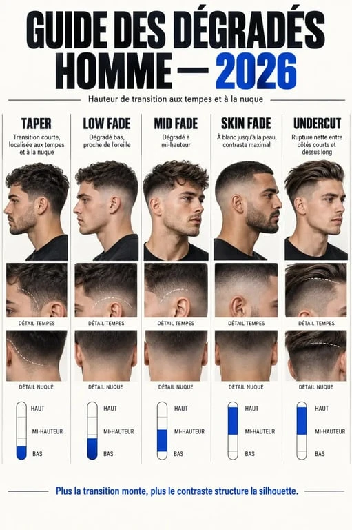 Infographie des dégradés et coupes pour une coiffure homme 2026