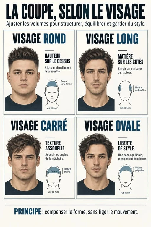 Coiffure homme moderne adaptée aux visages rond, long, carré et ovale