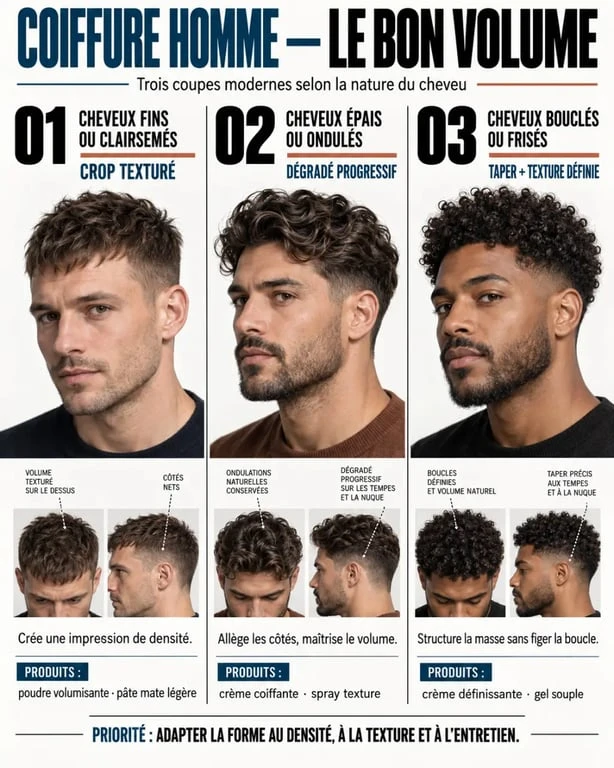 Coiffure homme moderne selon cheveux fins, épais, bouclés ou frisés
