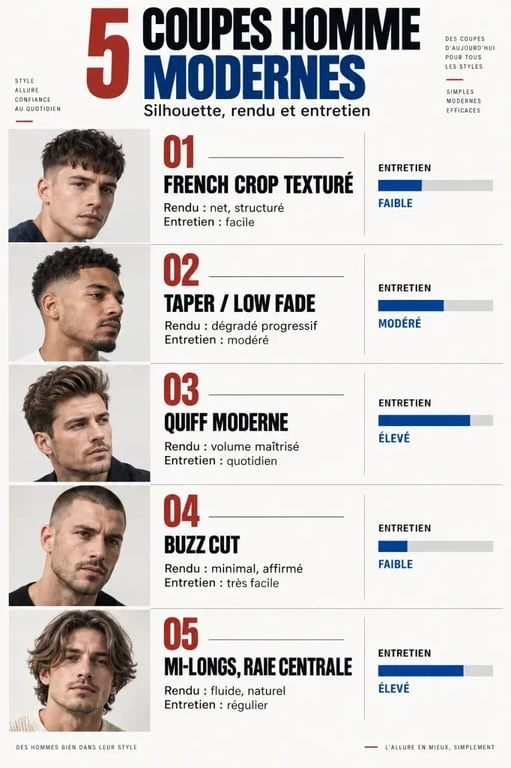 Panorama de coiffures homme moderne avec French crop, taper, quiff, buzz cut et cheveux mi-longs