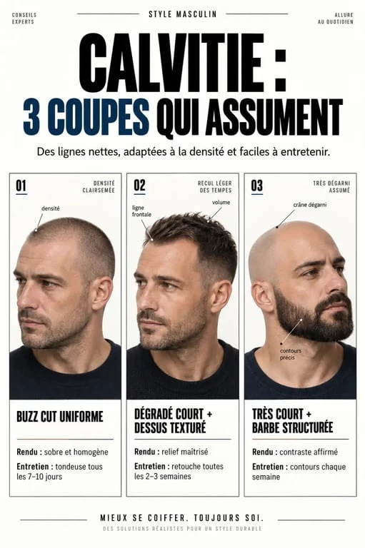 Exemples visuels de coiffure homme calvitie avec buzz cut, dégradé court et coupe texturée