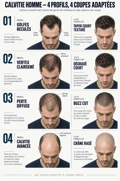 Infographie sur la coiffure homme calvitie selon les golfes, le vertex et la densité des cheveux