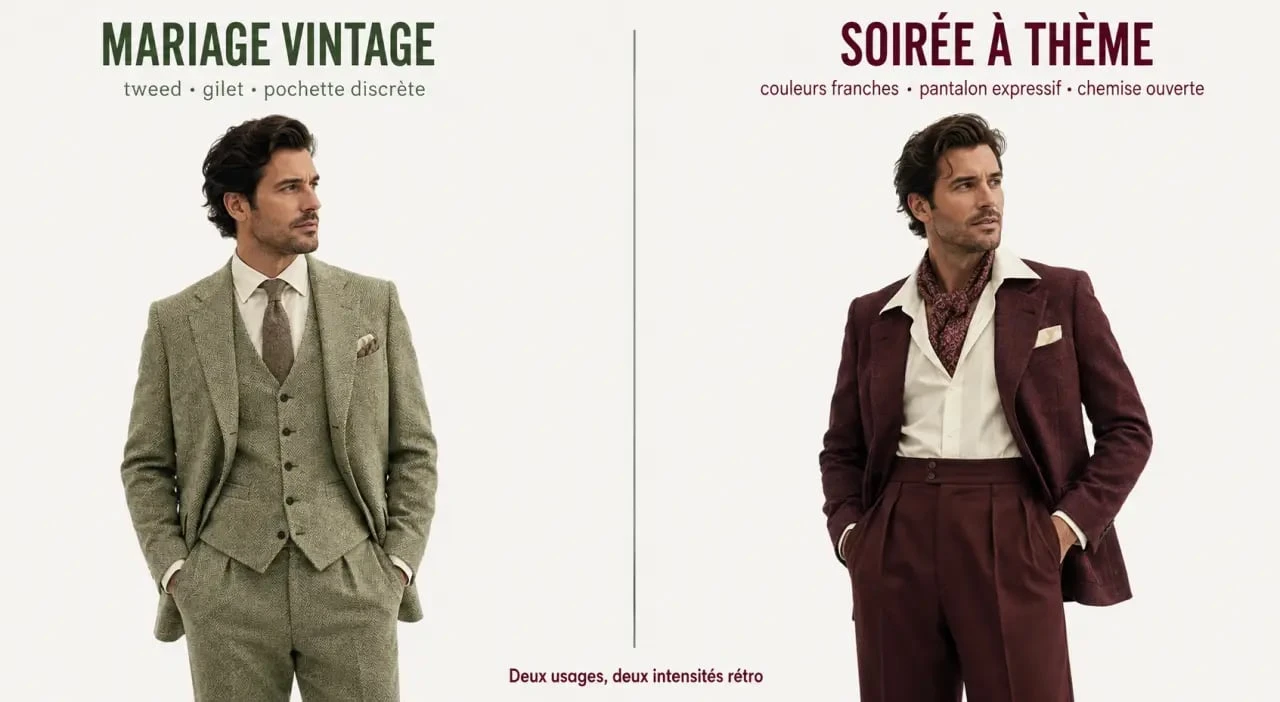 Costume retro homme : comparaison visuelle entre tenue de mariage vintage et tenue de soirée rétro