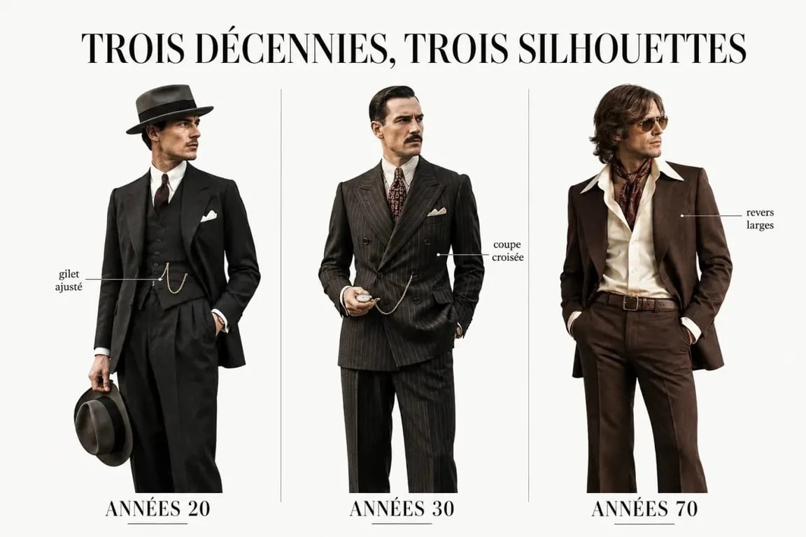 Costume retro homme : trois silhouettes inspirées des années 20, 30 et 70 dans une composition éditoriale