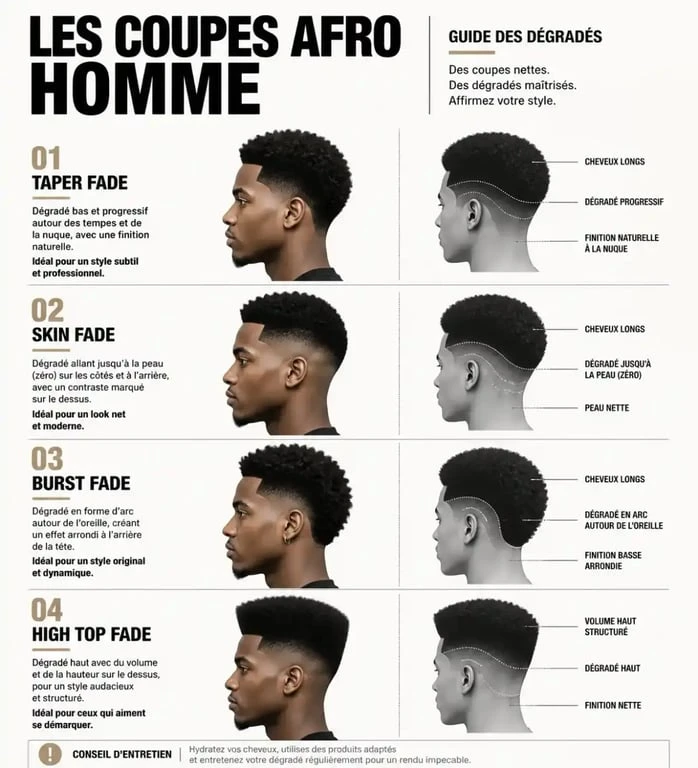 Schéma comparatif des styles de coiffure afro homme : taper, fade et high top