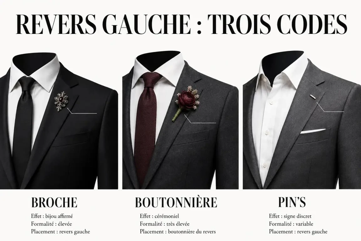 Comparatif broche costume homme, boutonnière et pin’s sur veste habillée