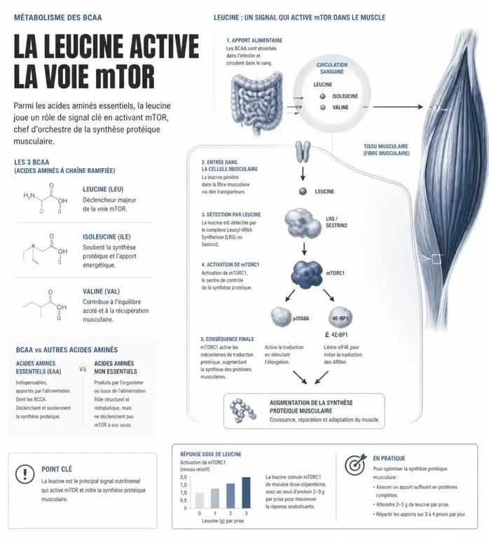 Schéma explicatif du rôle des BCAA dans la prise de masse musculaire et la synthèse protéique