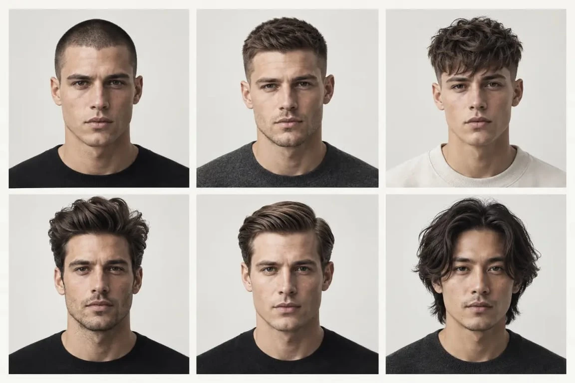 Galerie de plusieurs types de coiffure homme : coupe courte, crop, quiff, side part et cheveux mi-longs