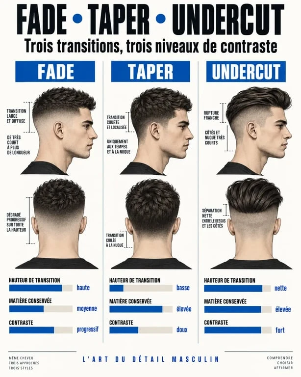 Infographie des différences entre les principaux types de coiffure homme : fade, taper et undercut