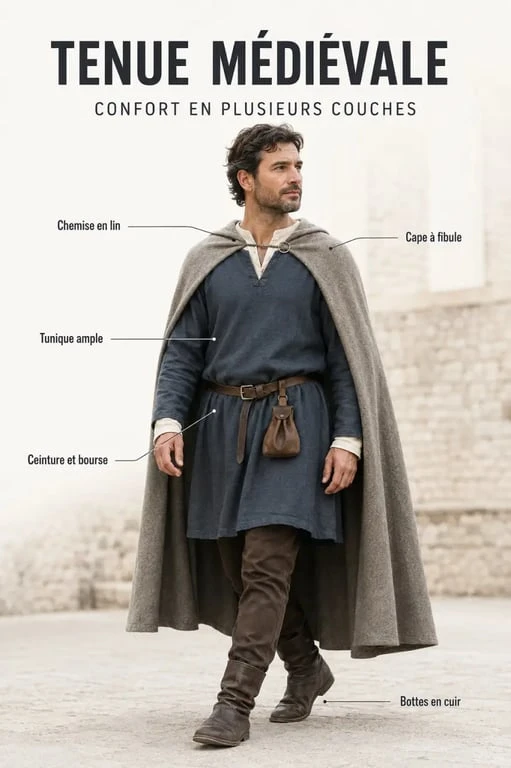 Homme portant un costume médiéval homme composé de plusieurs couches et accessoires