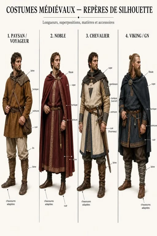 Comparaison visuelle de quatre styles de costume médiéval homme, du paysan au chevalier