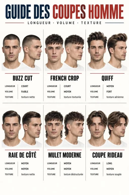 Comparatif visuel de coupe coiffure homme : buzz cut, French crop, quiff, side part, mulet et coupe rideau