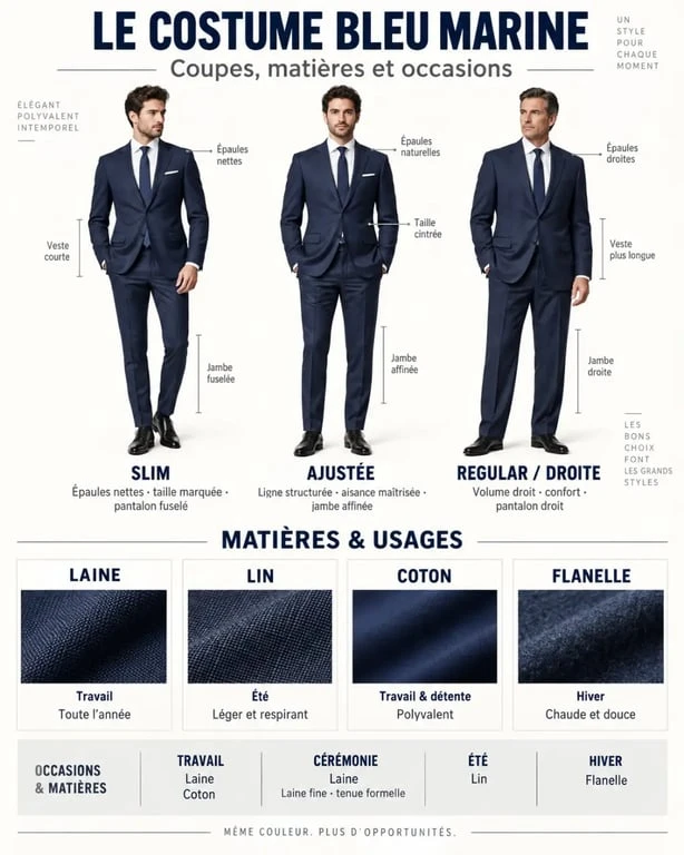 Infographie sur le costume homme bleu marine, les coupes et les matières selon les occasions