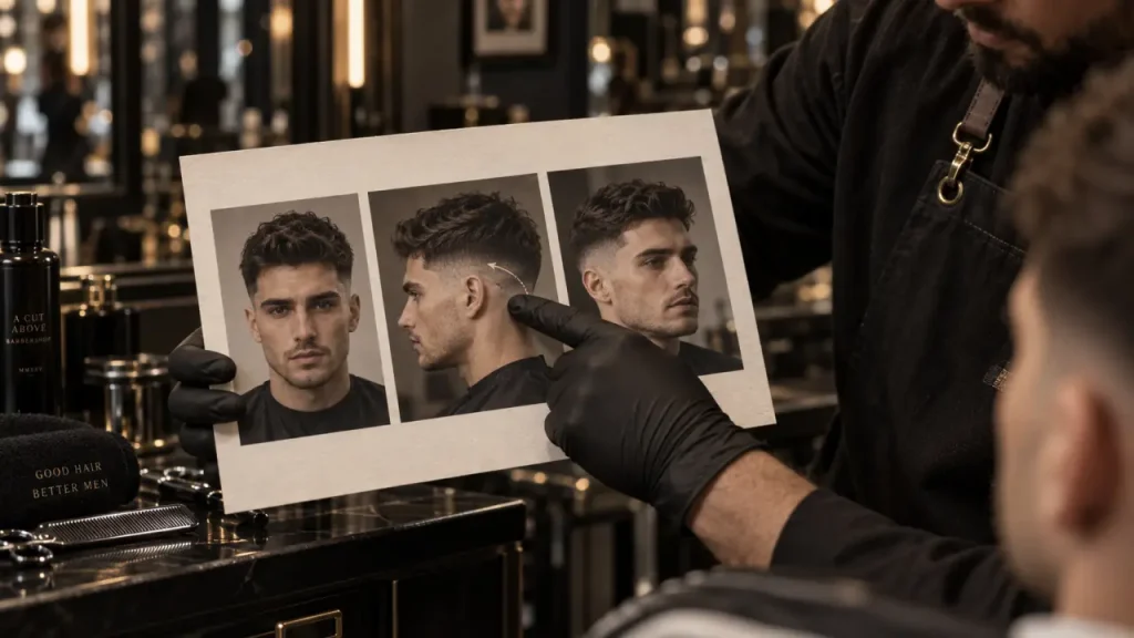 Photo coiffure homme : coupe face et profil, salon de barbier