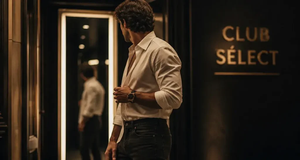 Tenue pour sortir en boite homme : homme chemise cintrée et jean dans une boîte chic