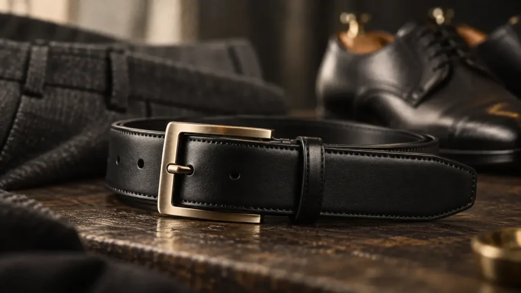 Ceinture costume homme en cuir lisse noir et boucle ardillon plate, gros plan.