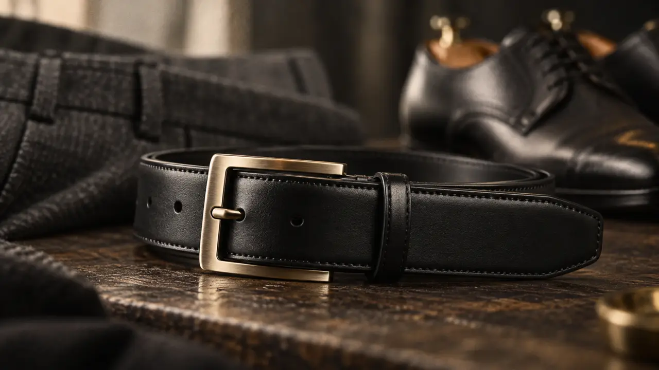 Ceinture costume homme en cuir lisse noir et boucle ardillon plate, gros plan.