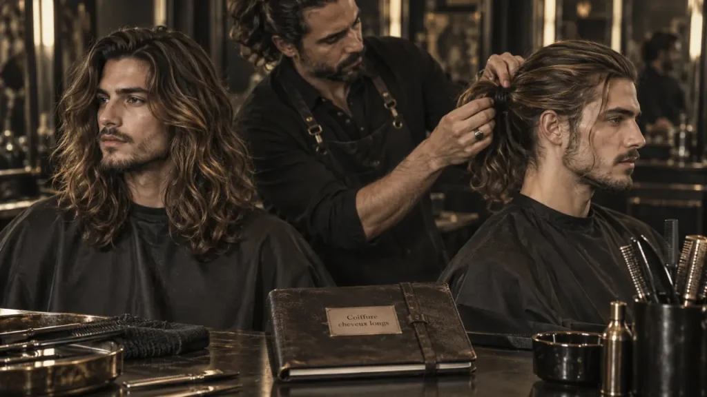 Coiffure cheveux long homme : volume wavy et queue de cheval mi-hauteur
