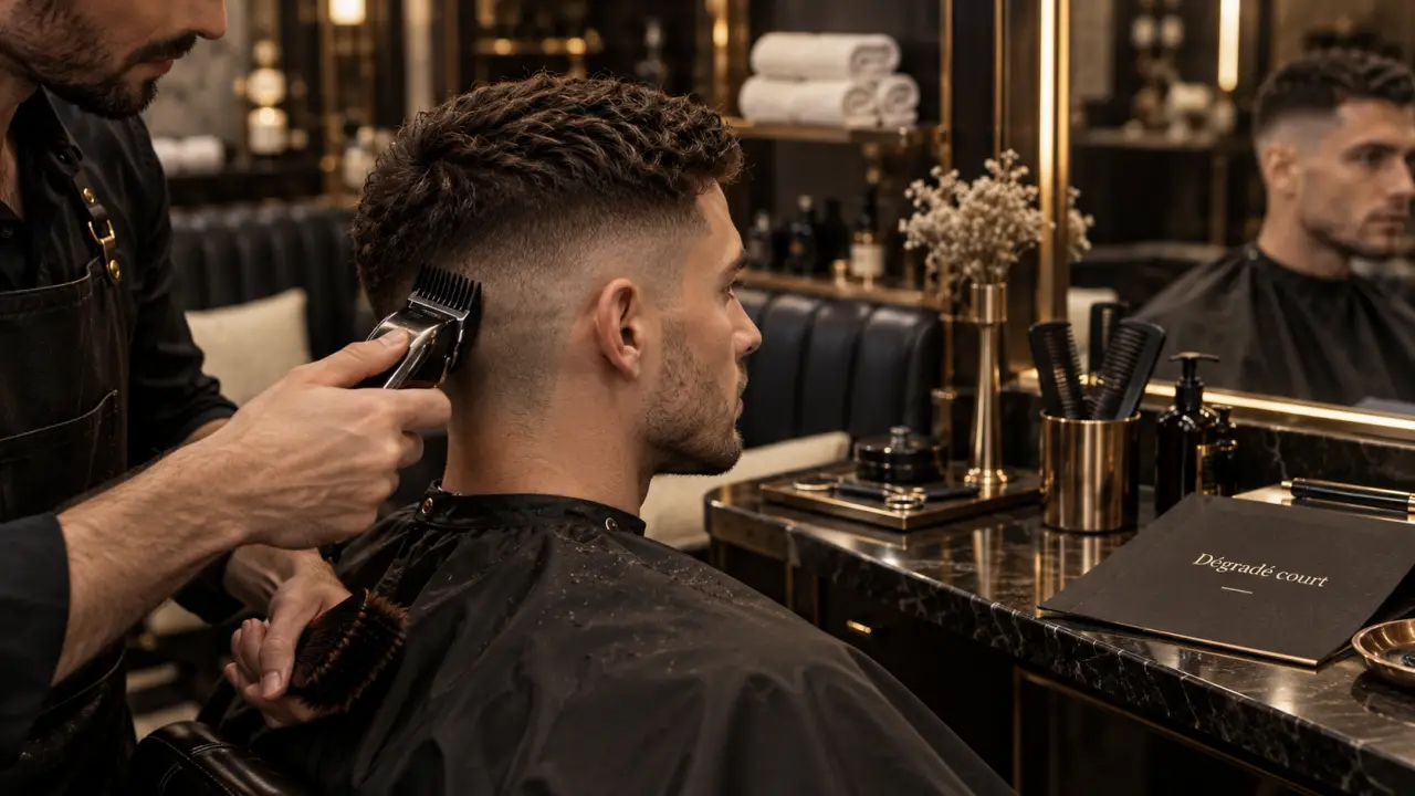 Coiffure homme dégradé court avec tondeuse 3–5 mm près des tempes