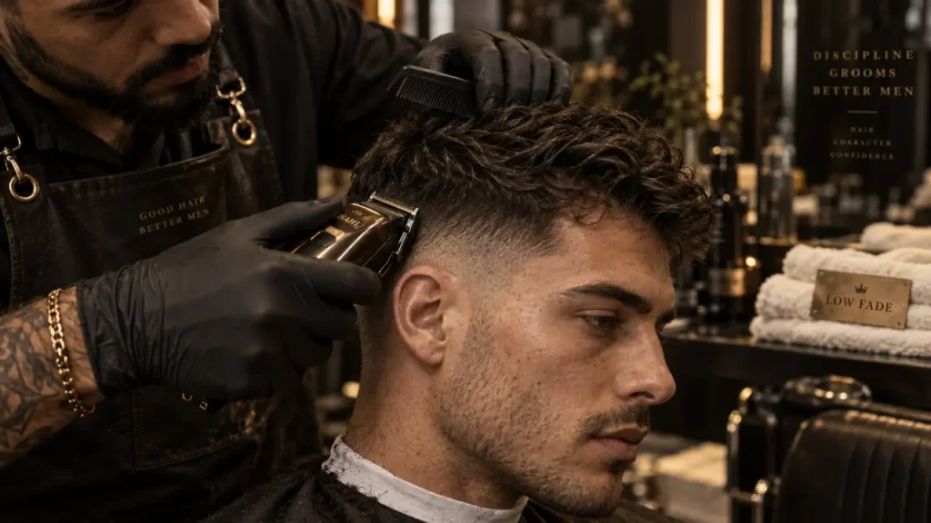 Coiffure homme dégradé low fade en salon, barbier et tondeuse